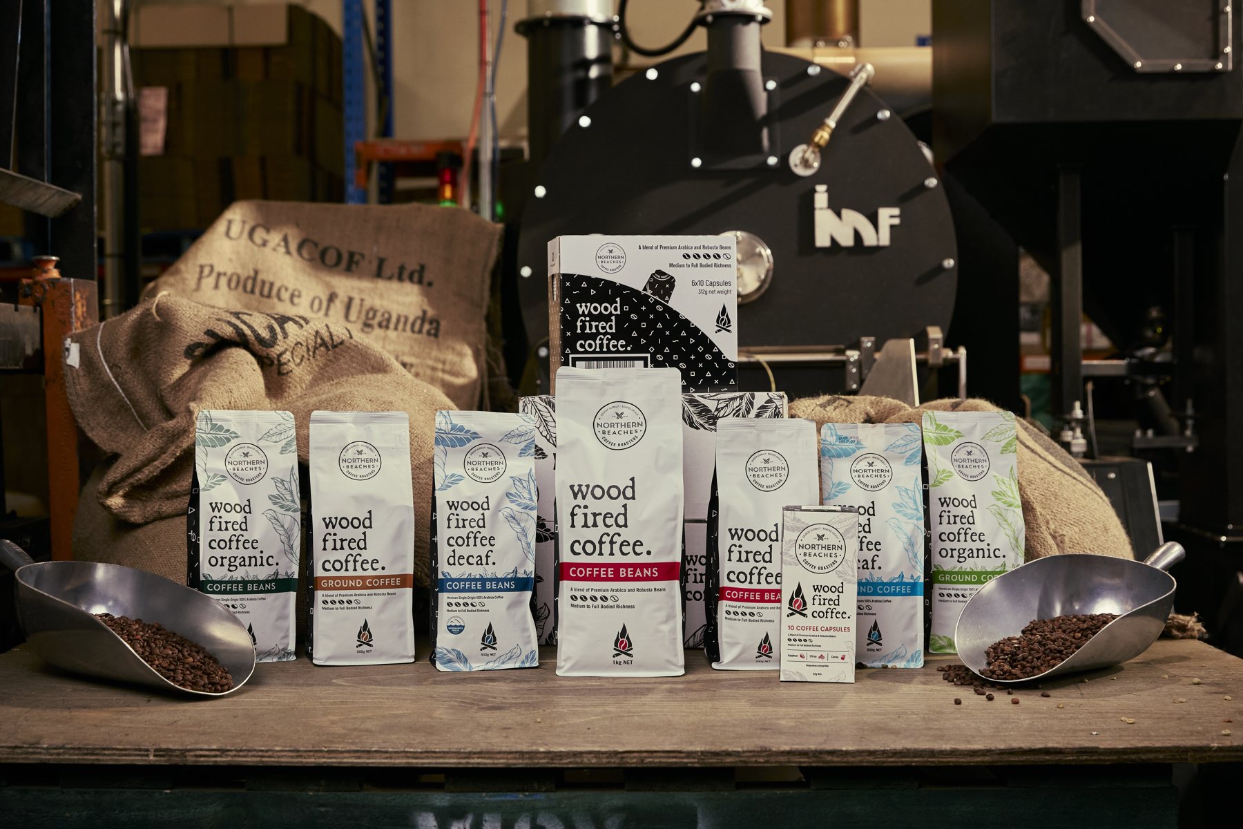 Wood Fired Coffee product range displayed on a counter